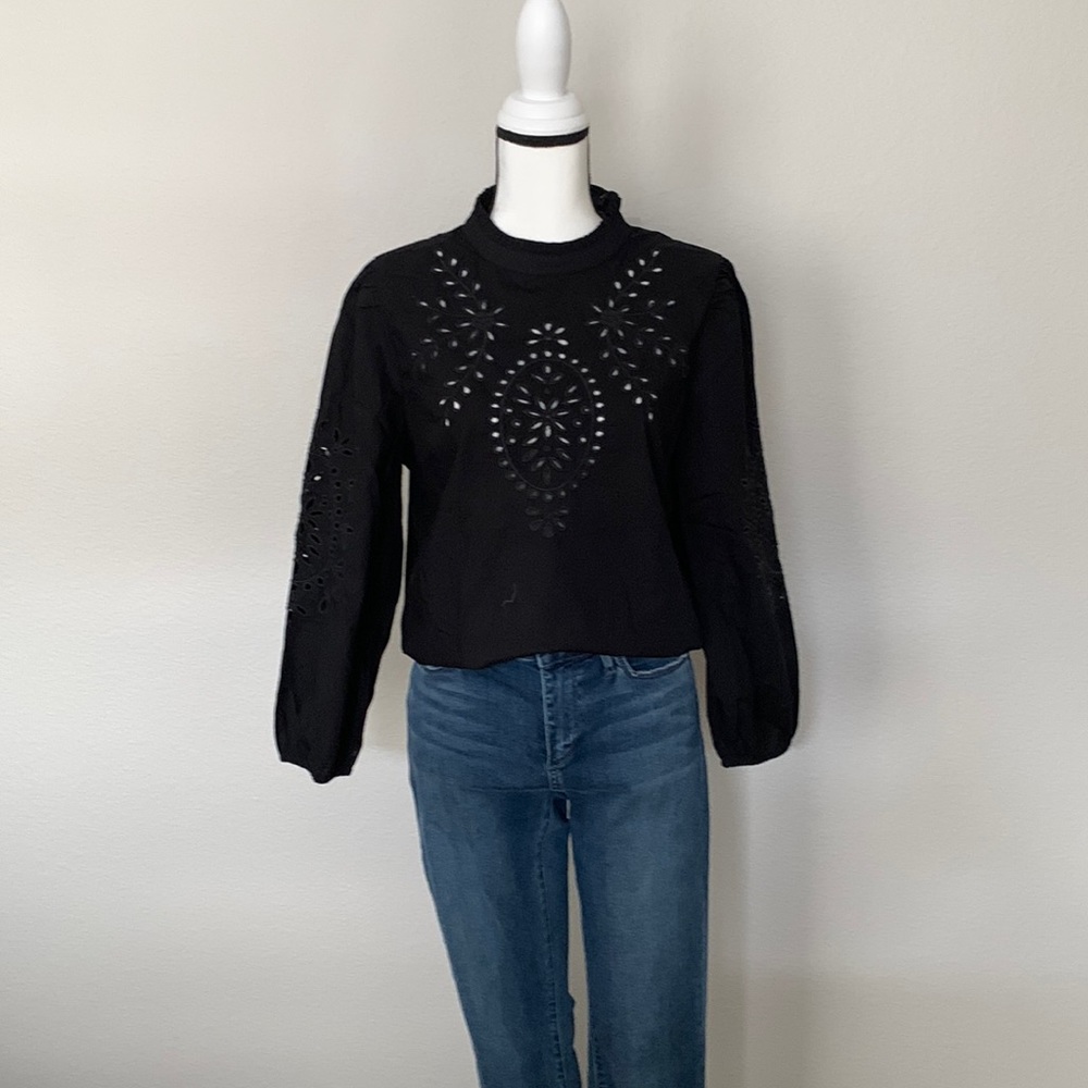 NEW WITH TAGS - J. Crew Black Eyelet Bracelet Sleeve Blouse - Size S